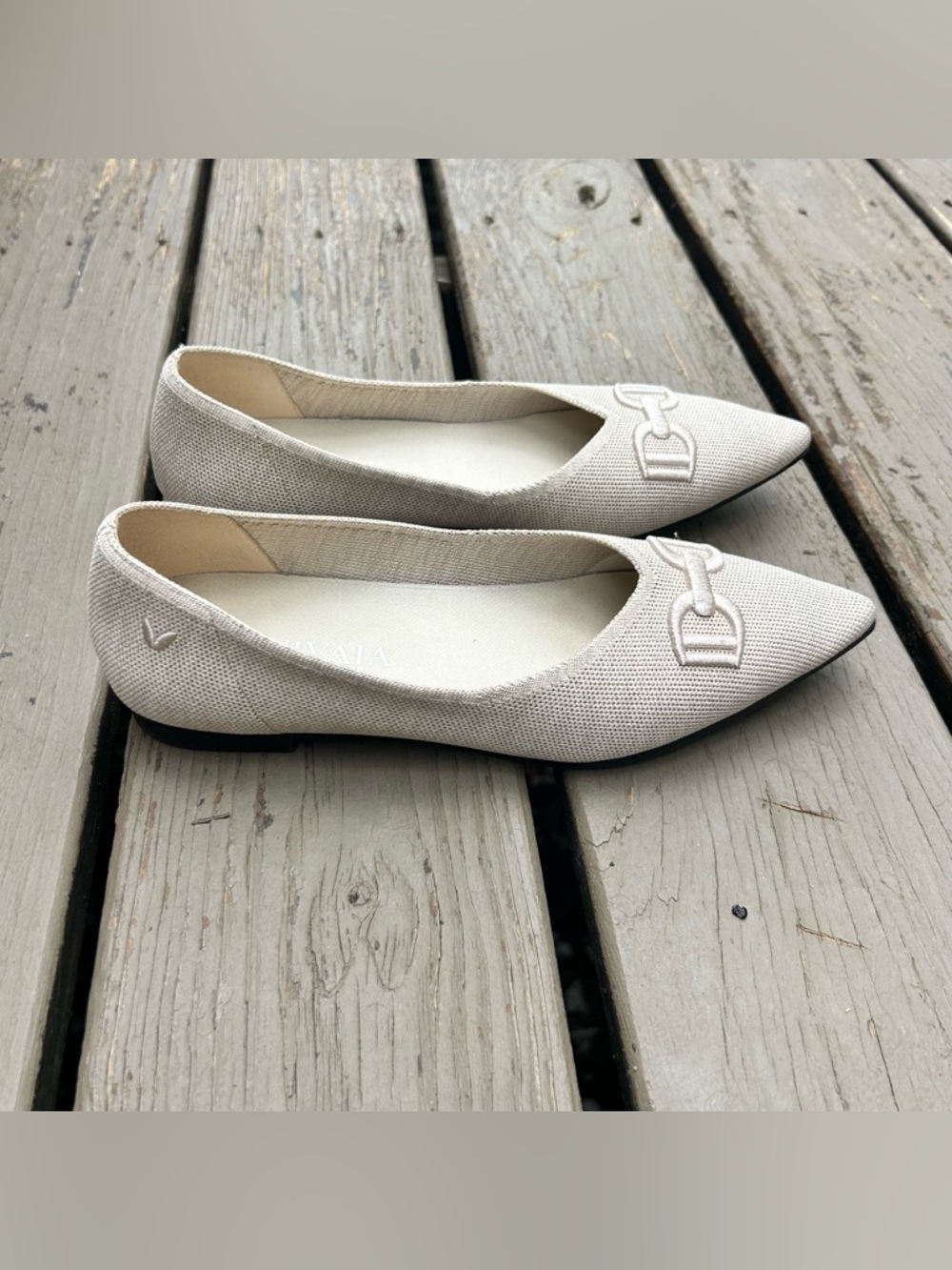 VIVAIA Ena Pointed Flat Almond Neutral Knit Bit Strap Loafer Shoe | Size 38